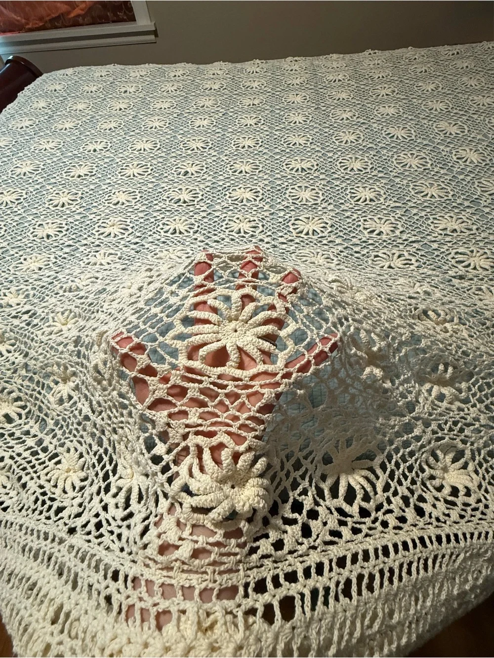 Handmade Crochet Bedspread in Cream and Light Blue